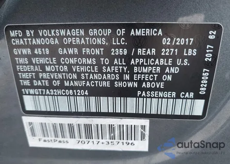 2017 Volkswagen Passat 1.8T Se из США, поврежденный, VIN 1VWGT7A32HC061204